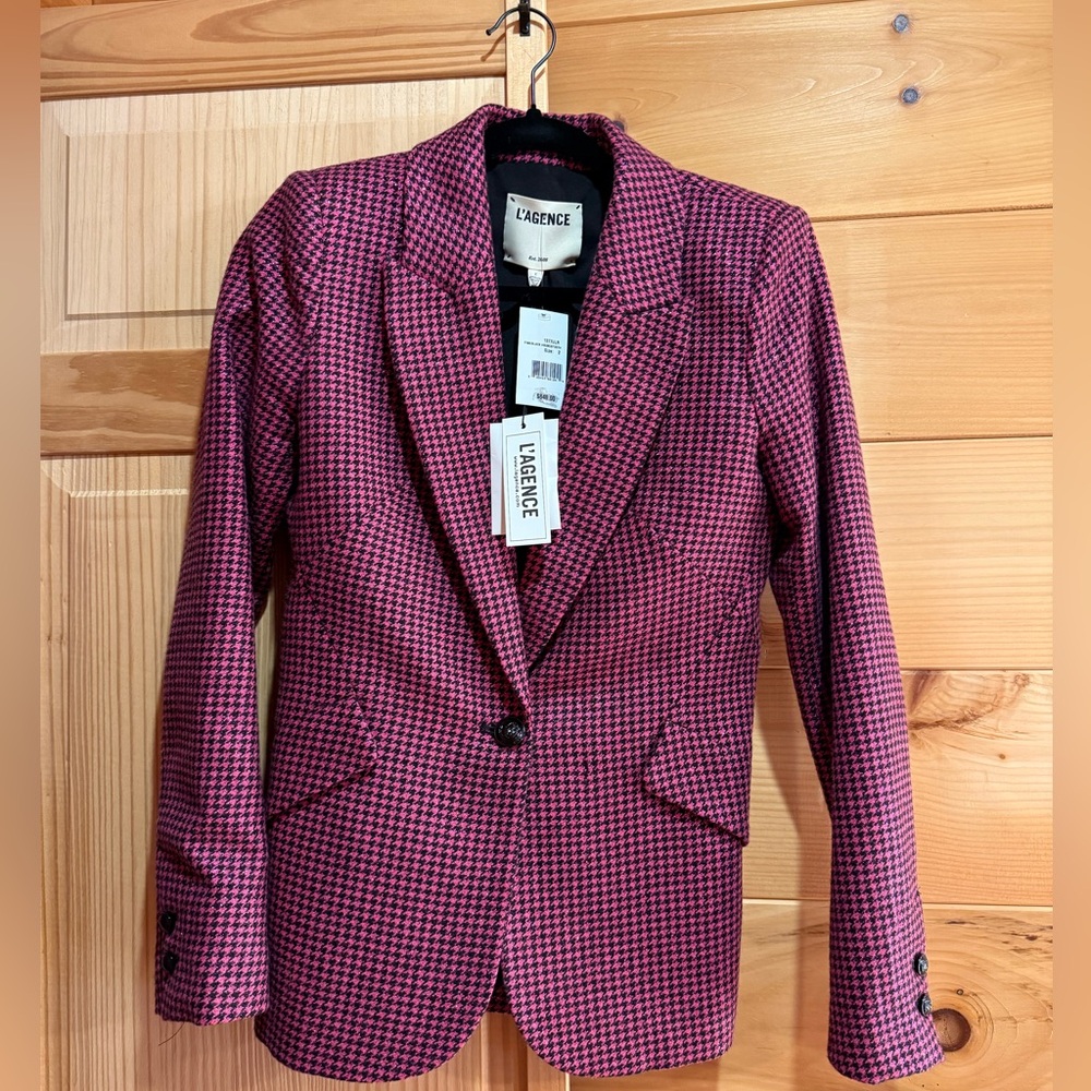 L'AGENCE Pink and Black Houndstooth Blazer